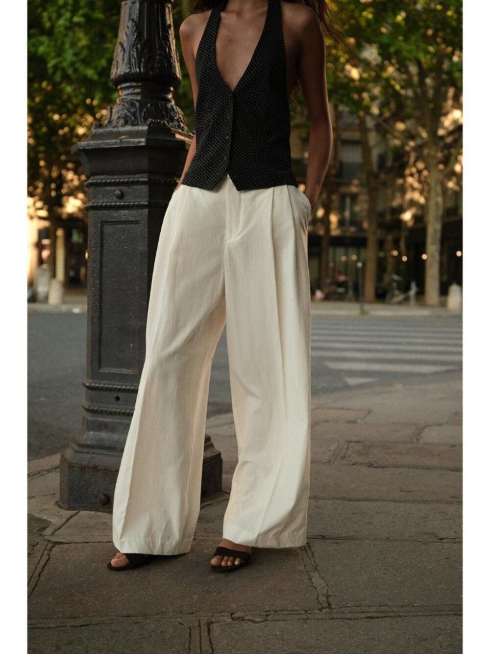 Zara Womens Trousers Pants wide S Oyster White High-Waisted Pleated 6929/505 NWT